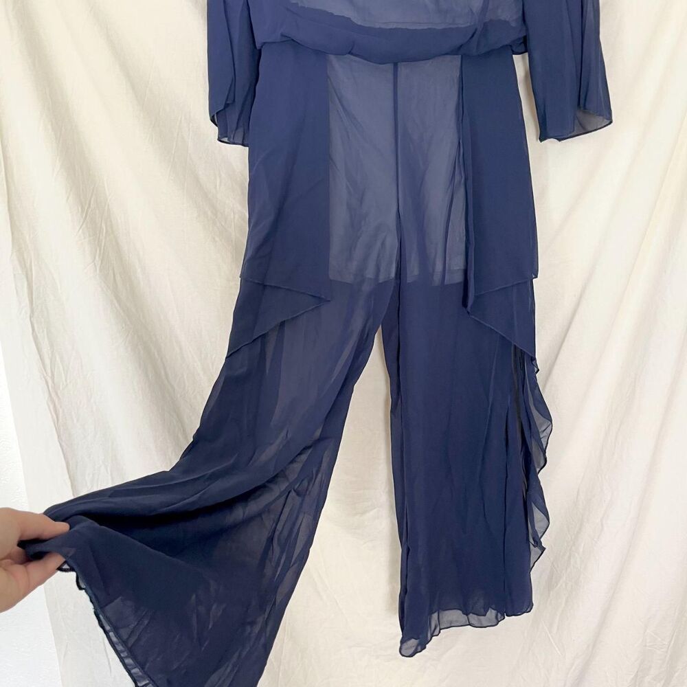 2 Piece Navy Blue Chiffon Matching Pantsuit Set Size M - Picture 2 of 8